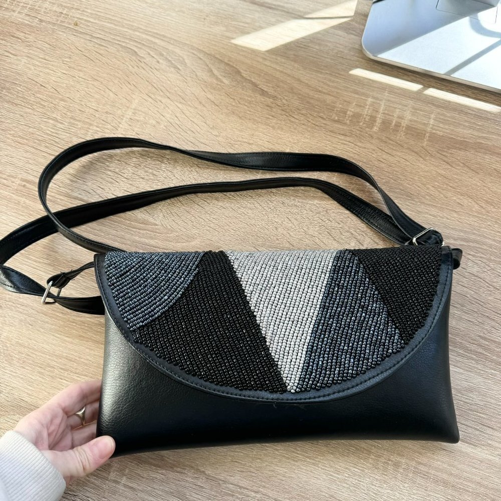 New Handmade Beaded Shoulder Bag Black Grey